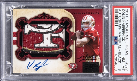 2011 Panini Playoff National Treasures Black #327 Colin Kaepernick Signed Patch Rookie Card (#13/25) - PSA NM-MT 8